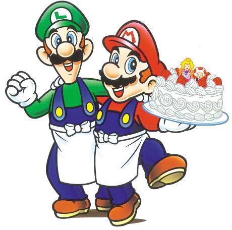 Mario and Luigi with a cake featuring Toad and Princess Peach on top!