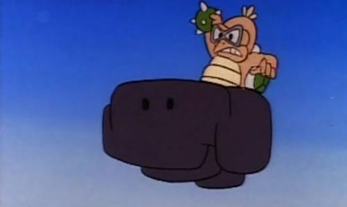 An angry looking Lakitu riding a Black Cloud in The Adventures of Super Mario Bros. 3