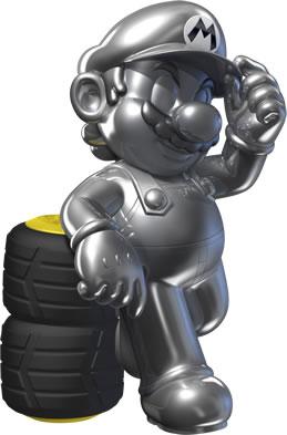 Metal Mario leaning on a tires