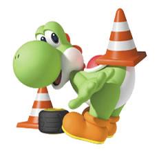 Yoshi with a tire and traffic cones