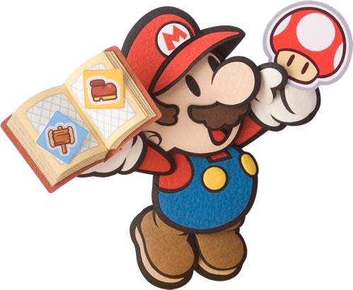 Mario holding a book of stickers and a Mushroom sticker