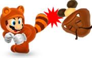 Tanooki Mario hitting a Goomba
