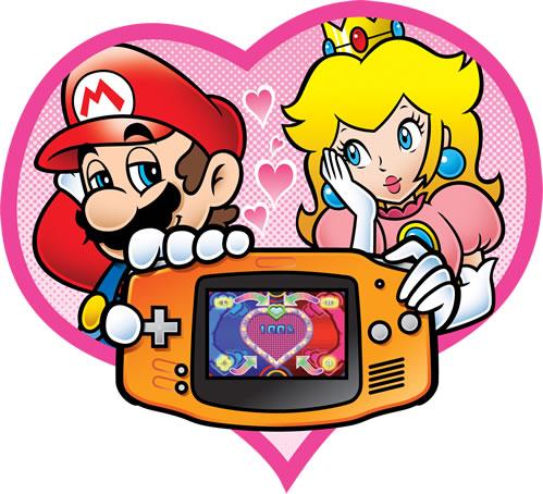 Mario and Peach holding a Gameboy in a romantic way