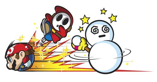 Mario battling a Shy Guy and a Mr Blizzard