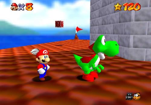 Wing Cap Mario on the castle rooftop with Yoshi