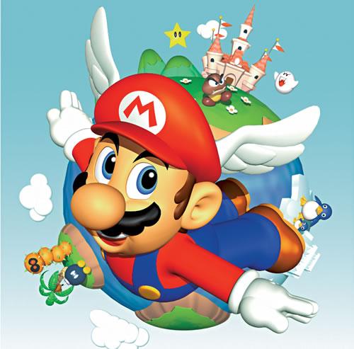 Wing Cap Mario flying in a Super Mario 64 artwork