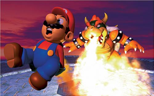 Bowser chargrilling Mario in the Mario 64 artwork set