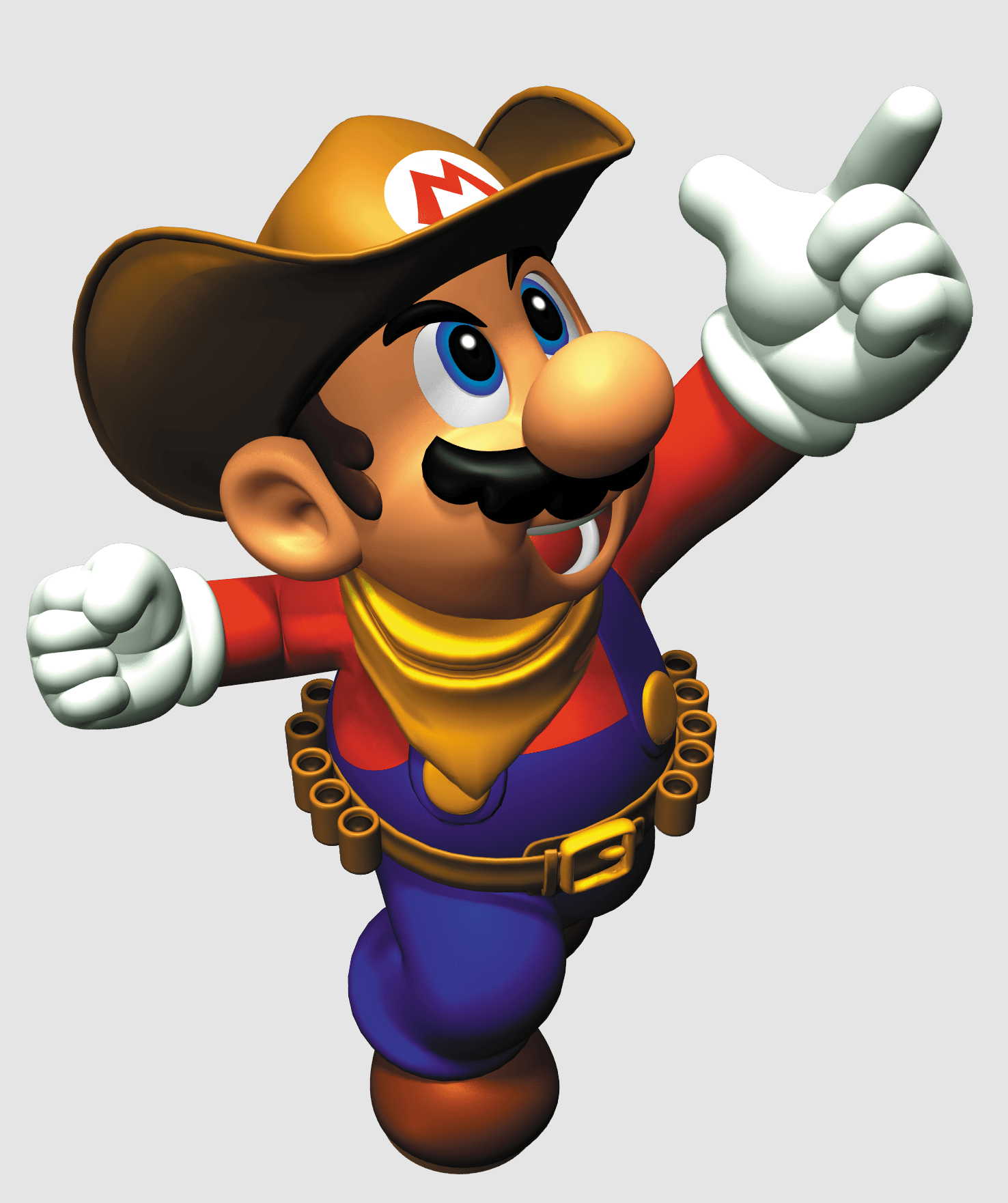 Mario in a cowboy hat pointing up to the sky. 