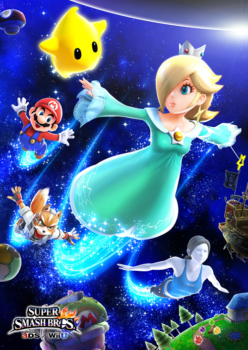Mario, Luma, Fox, Rosalina and Wii Fit Trainer flying through space in Super Smash Bros 4