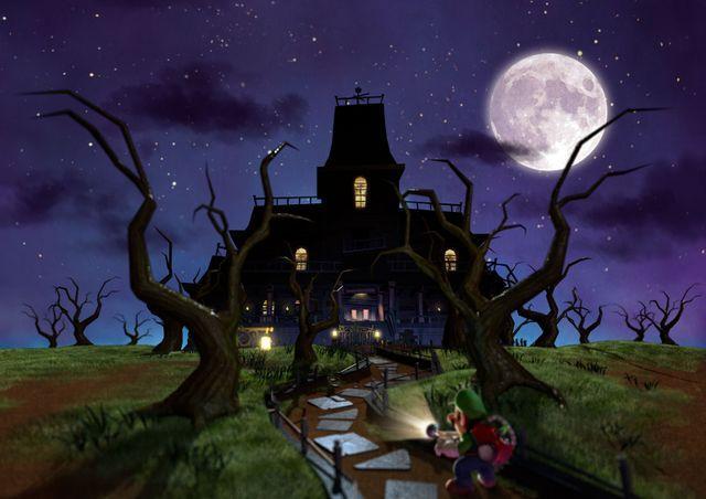 Luigi approaching the Gloomy Manor in Luigi's Mansion 2: Dark Moon
