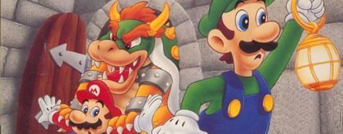 Luigi searching for Mario, while Mario is kidnapped by Bowser in the background