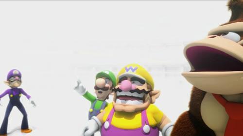 Waluigi, Luigi, Wario and Donkey Kong watch a ball fly