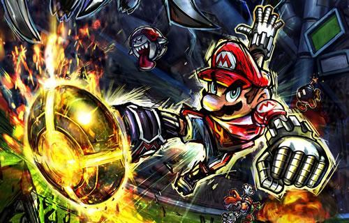 Mario taking a shot in Mario Strikers: Charged