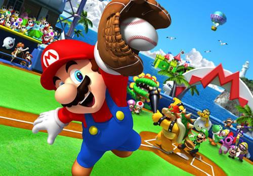 Mario catching a baseball in Mario Super Sluggers