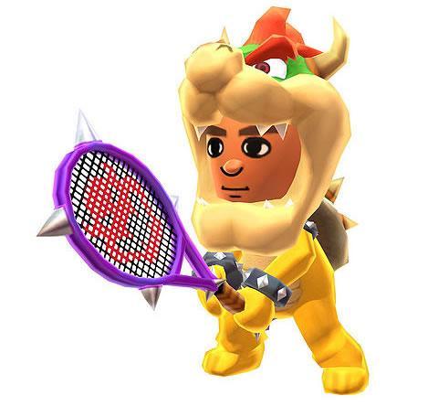 A Mii, equipped with Bowsers signature spiked racket and a Bowser suit in Mario Tennis Open