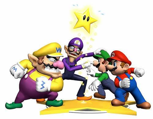 Wario and Waluigi fighting Mario and Luigi