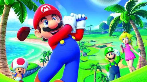Mario swinging his way to victory whilst Toad, Luigi and Peach watch on