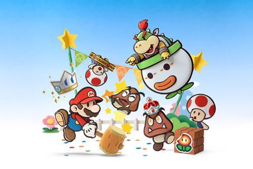 Mario, Kerstii, Toad, Baby Bowser and some Goombas in Paper Mario: Sticker Star