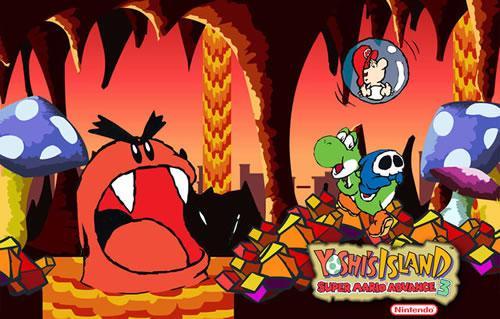 Yoshi and Baby Mario in a grim situation when they encounter a Blargg