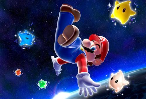 Mario floating in space surrounded by Lumas