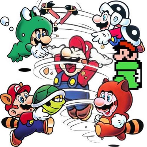 Some of Mario's powered up forms in Super Mario Bros 3 including Frog, Hammer, Racoon and Tanooki Mario