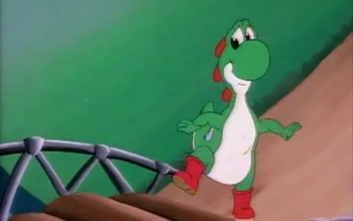 Yoshi reluctantly stepping onto a bridge across a river in Dome City from Episode 1 - Fire Sale.