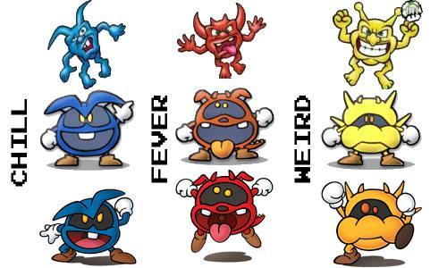 Chill, Fever and Weird the viruses from the Dr. Mario series in all their different versions