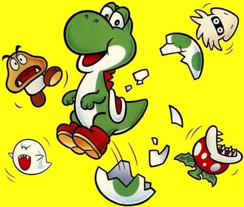 Yoshi hatching from an egg, throwing his foes into disarray!