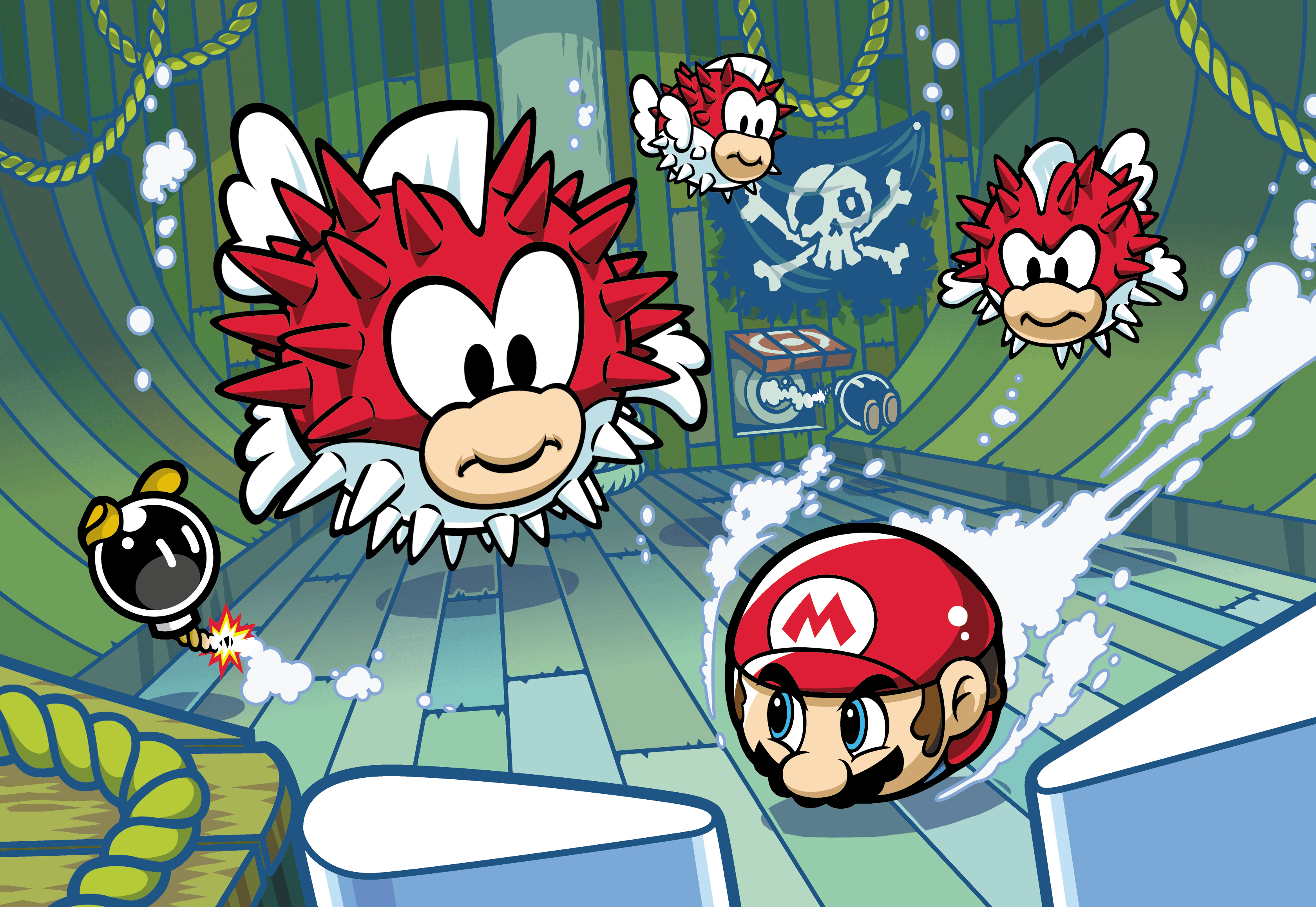 An artwork of Pinball Mario facing off vs Pufferfish