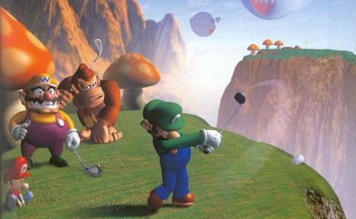 Luigi swinging as Baby Mario, Wario and Donkey Kong watch on