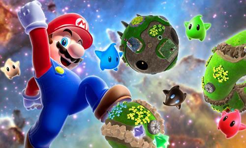 Mario floating in space, near a big Mario shaped planetoid in Super Mario Galaxy
