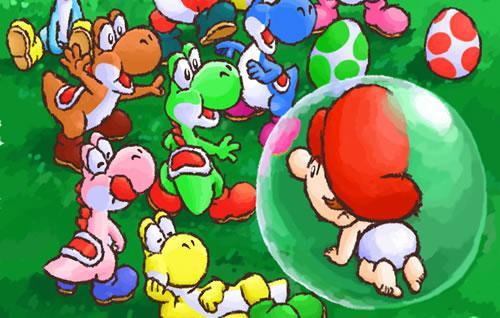 Baby Mario in a bubble floating above lots of different coloured Yoshi's