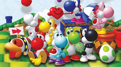 An art scene from Yoshi's Story including all the different coloured Yoshi's