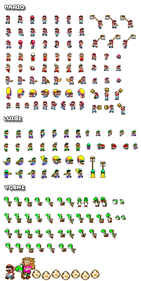 Sprites of Mario, Luigi and Yoshi in Super Mario World (SNES)