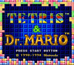 The Dr. Mario and Tetris double cart title screen, for SNES